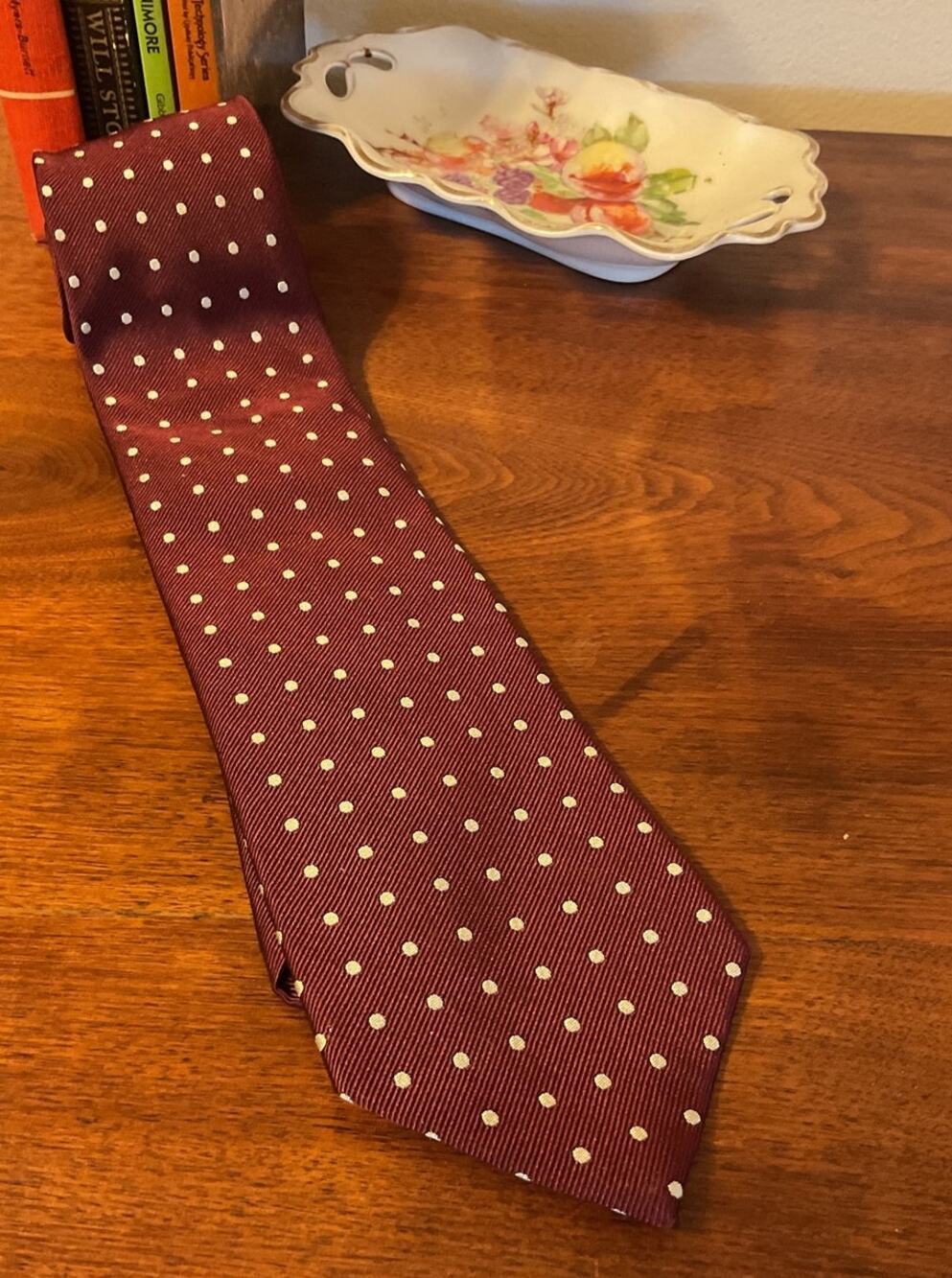 Lauren Ralph Lauren Silk Tie Burgundy/ Gray Dots 100% SILK